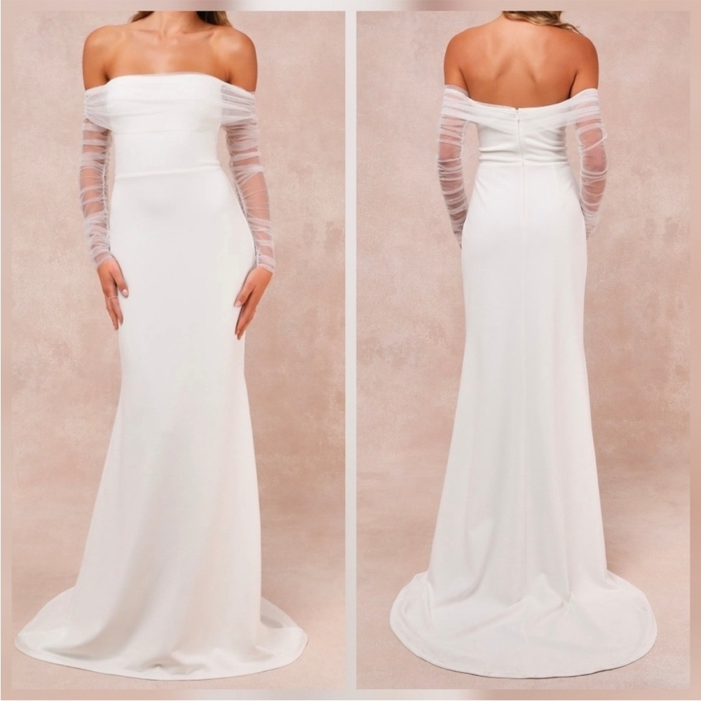 NWT - Lulus Women Beautifully Beloved White Mesh Off-The-Shoulder Maxi Dress